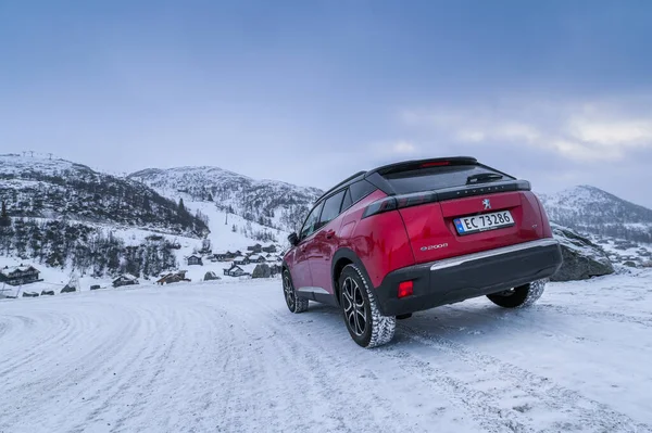 Rauland Norvégia 2022 Január Red All Electric Car Peugeot 2008 — Stock Fotó