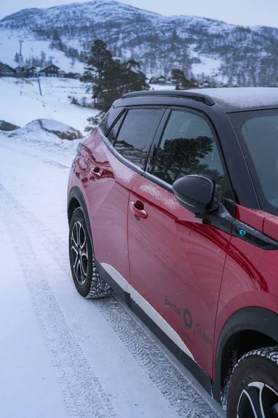 Rauland Norvégia 2022 Január Red All Electric Car Peugeot 2008 — Stock Fotó