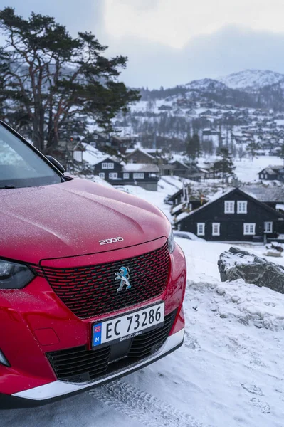 Rauland Norsko Ledna 2022 Červená All Electric Motor Car Peugeot — Stock fotografie