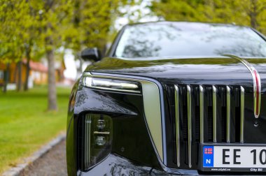 Notteroy, Norway - may 27, 2022: black electric SUV Hongqi around green foilage 