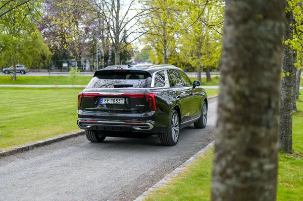 Notteroy Norway May 2022 Black Electric Suv Hongqi Green Foilage — Stock fotografie