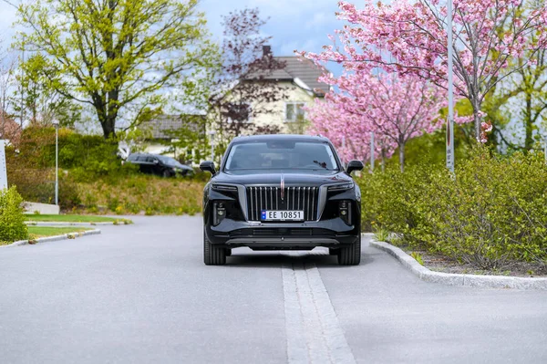 Notteroy Norway May 2022 Black Electric Suv Hongqi Green Foilage — Stock fotografie