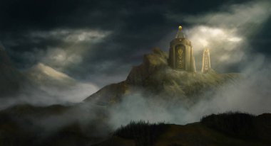 Dağlardaki bir tapınağın dijital fantezi tablosu güneş ışığıyla aydınlatılıyor.