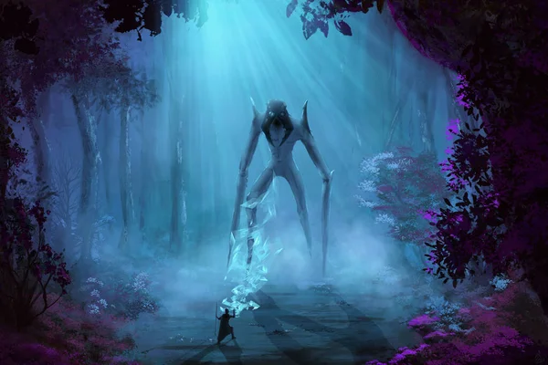 Digital painting of a fantasy forest by night where a human wizard encounters a huge forest monster