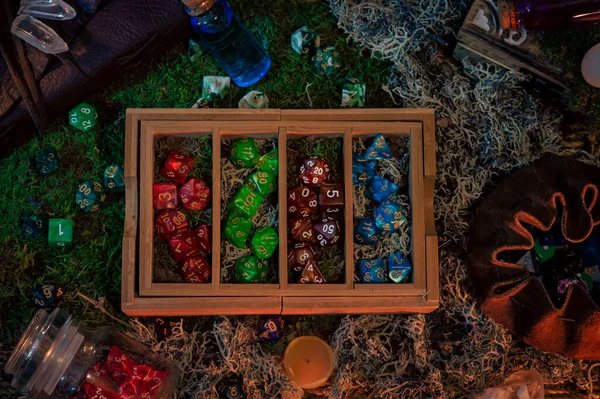 Image Wooden Tray Compartments Filled Colorful Sets Role Playing Gaming — Stock Photo, Image