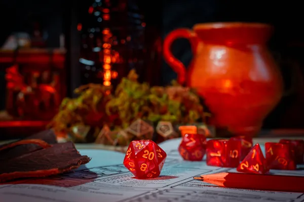 Imagem Close Vermelho Lados Rpg Morrer Dentro Fundo Conjunto Dados — Fotografia de Stock