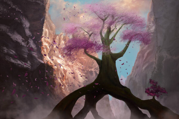 Digital landscape illustration of a huge pink tree in a canyon