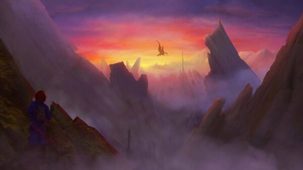 Digital landscape painting of Dragon hunter spotting a dragon in the misty mountains