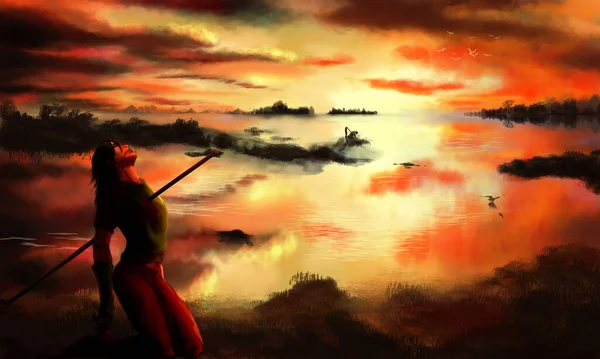 Cyfrowy Krajobraz Malowanie Przegranej Bitwy Pobliżu Jeziora Zachodzie Słońca — Zdjęcie stockowe