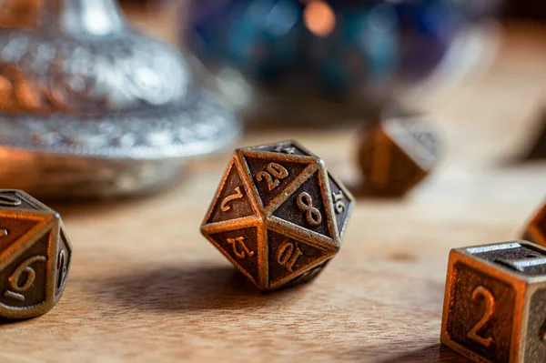 Close Image Metal Sided Role Playing Gaming Die Wooden Surface — Stock Photo, Image