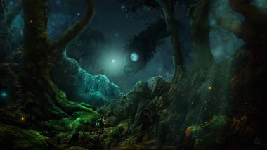 Dark woodland fantasy landscape of a hero encountering a monster clipart