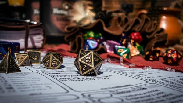 Low Angle Image Brass Sided Die Character Sheet Sun Background — 스톡 사진