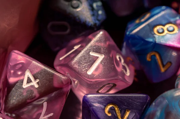 Close Image Pink Sided Die Surrounded Various Polyhedral Dice — 스톡 사진