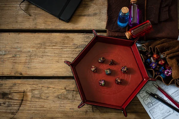 Overhead Image Dice Tray Role Playing Gaming Dice Surrounded Ttrpg — Stock Photo, Image