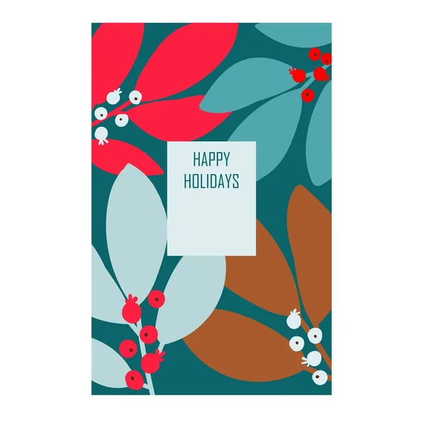 Postcard Merry Christmas Happy New Year Berries Leaves Stylish Vector — Stock Vector