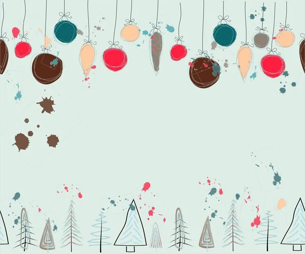 Joyeux Noël Carte Vœux Avec Décorations Boules Arbres Noël Éclaboussures — Image vectorielle