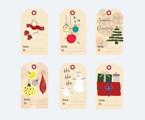 Vector Set Hand Drawn Christmas Gift Tags Cartoon Flat Style — Stock Vector