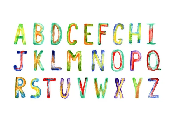 彩色水彩字母分离在白色背景上 彩色字母用于车站配音 字母用明亮的画笔绘制 — 图库矢量图片