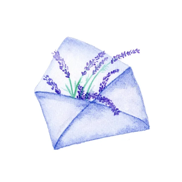 Aquarel Envelop Met Lavendel Bloemen Geïsoleerd Witte Achtergrond Romantische Uitnodiging — Stockfoto