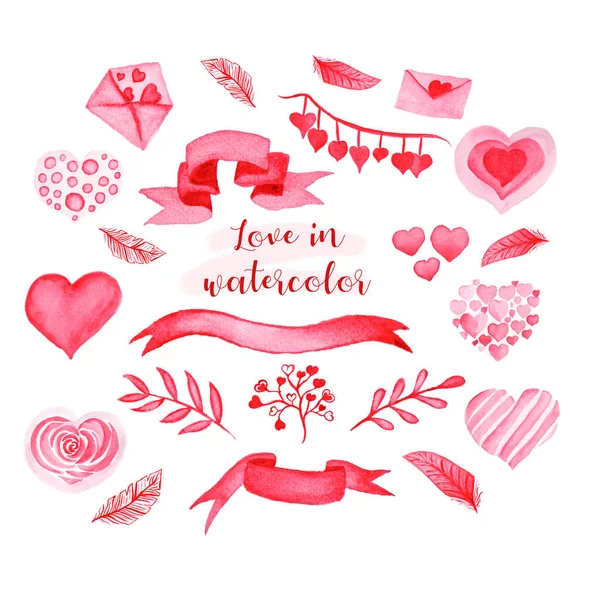 Reihe Von Artikeln Für Den Valentinstag Rosafarbenes Aquarell Set Aus — Stockfoto