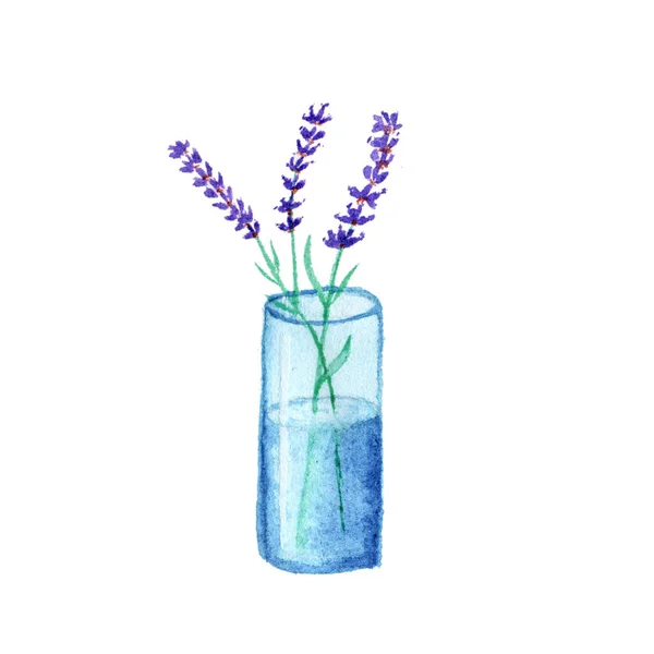 Lavendelblüten Einem Glas Wasser Isoliert Auf Weißem Hintergrund Lavendelstilleben Als — Stockfoto