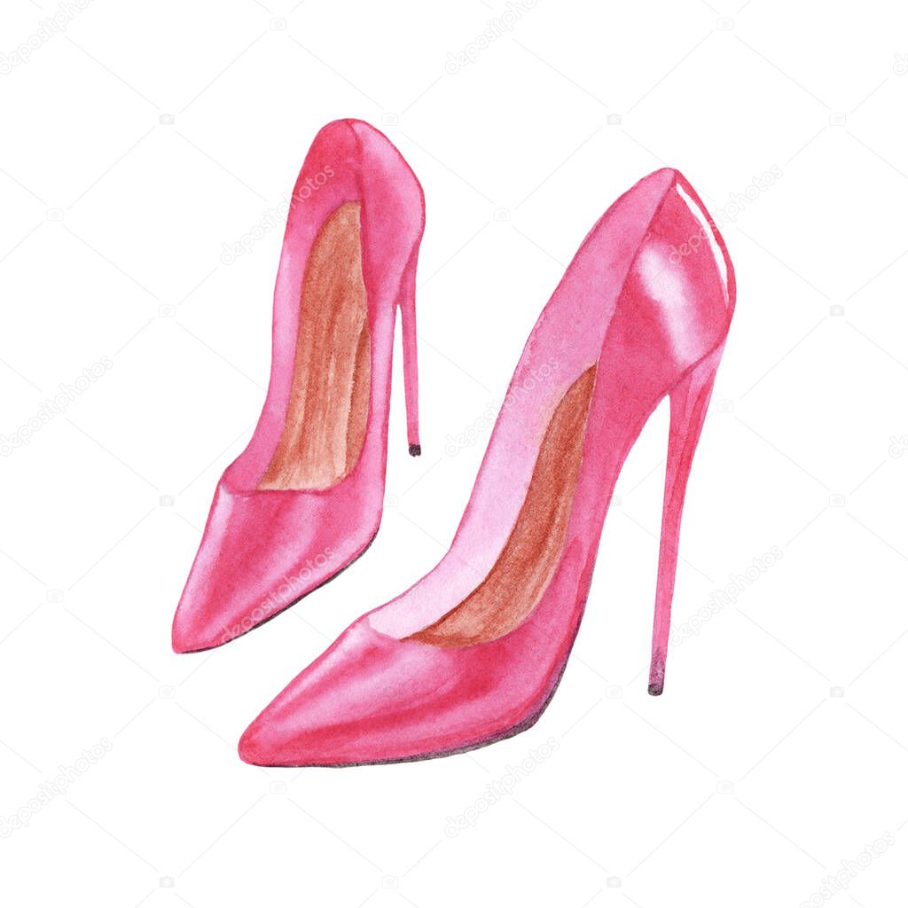 pink elegant high heels shoes, watercolor illustration of elegant womens shoes