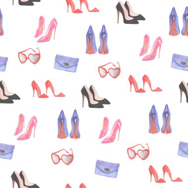 Kadınların suluboya şık aksesuarlarından kusursuz desenler. Çeşitli yüksek topuklu ayakkabılar, mavi debriyaj, kozmetik çanta, ruj, gözlük, kozmetik. Baskı için kadın aksesuarları