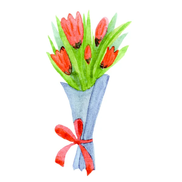 Watercolor Bouquet Tulips Design Valentine Day Bouquet Flowers Blue Paper — Stockfoto