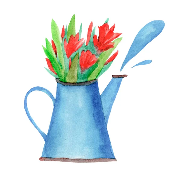 Jug Tulips Valentine Day Design Blue Garden Watering Can Bouquet — Stockfoto