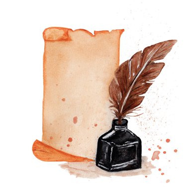 Old paper scroll with feather and inkwell. Watercolor hand drawn illustration isolated on white background, watercolor illustration.