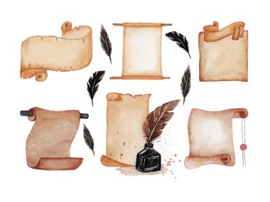 Watercolor set of Old paper vertical scrolls with feather and inkwell. Watercolor hand drawn illustration. old paper scroll or parchment with place for inscription isolated on white background