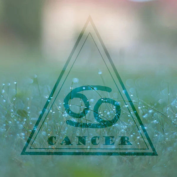 zodiac sign cancer in a triangle, the element of water in the horoscope, the sign of cancer on the background of dew drops on the grass.
