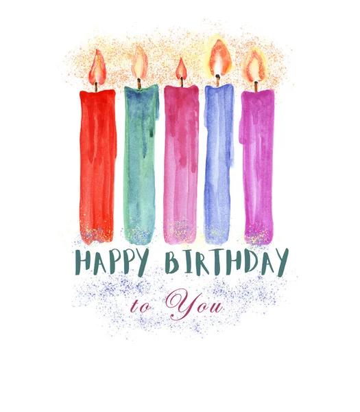 happy birthday greeting card with colorful candles, happy birthday watercolor illustration with glowing bright candles.