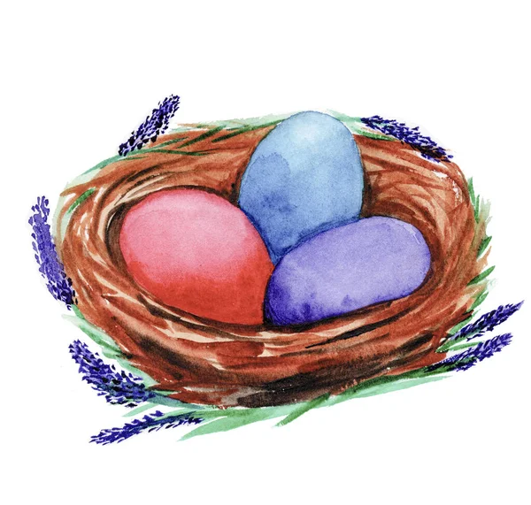 Ovos Páscoa Ninho Com Flores Lavanda Ovos Coloridos Para Páscoa — Fotografia de Stock