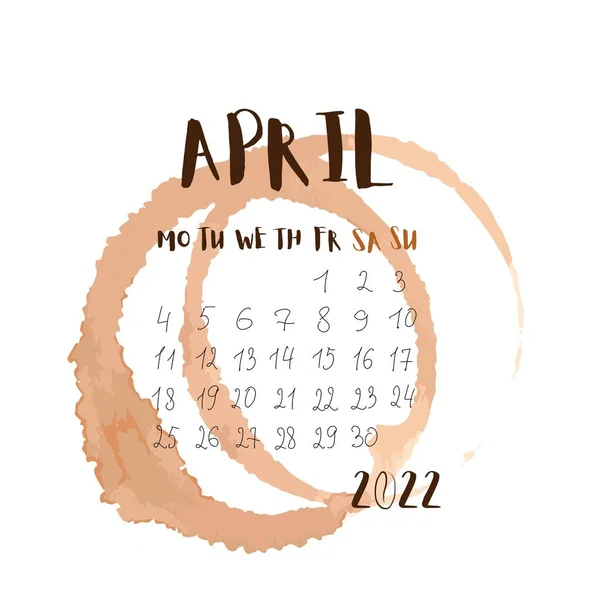 Calendario 2022 Mes Abril Página Abril Con Café Para Calendario — Archivo Imágenes Vectoriales