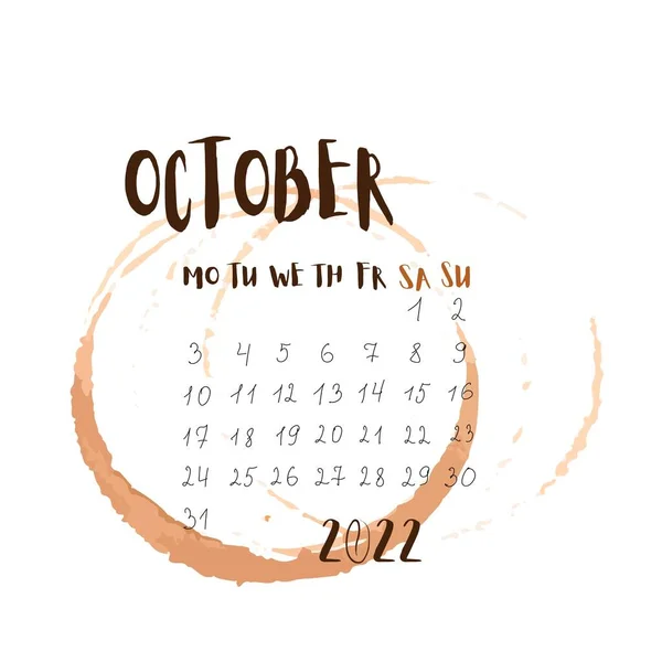 Kalender 2022 Maand Oktober Oktober Pagina Met Koffie Voor Afscheurkalenders — Stockvector