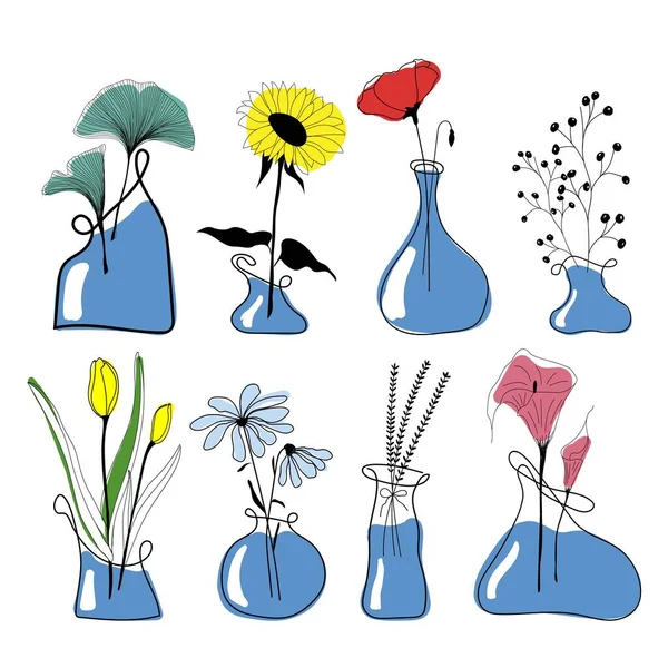 Conjunto Jarrones Vidrio Azul Minimalista Con Plantas Flores Hojas Elementos — Archivo Imágenes Vectoriales