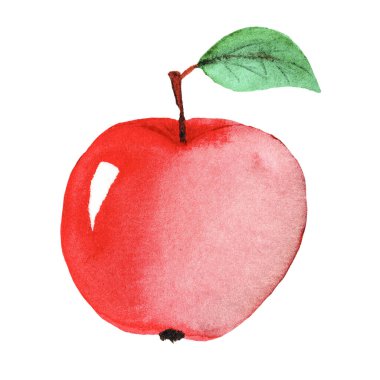 suluboya kırmızı elma yapraklı, sağlıklı yiyecek, kırmızı sulu taze elma beyaz arka planda izole..