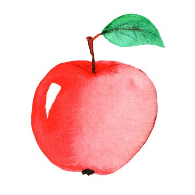 suluboya kırmızı elma yapraklı, sağlıklı yiyecek, kırmızı sulu taze elma beyaz arka planda izole..