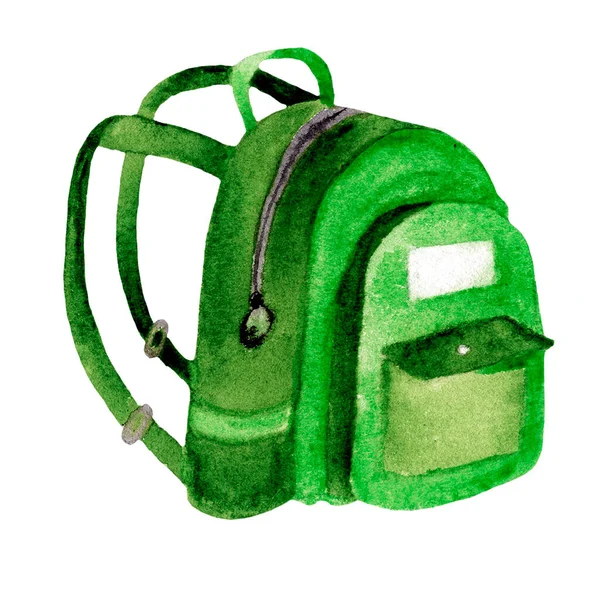 緑の学校の水彩ブリーフケース 様式化された子供のバックパック水彩イラスト 白い背景に隔離された教育テーマのデザインのための学校用品要素 — ストック写真