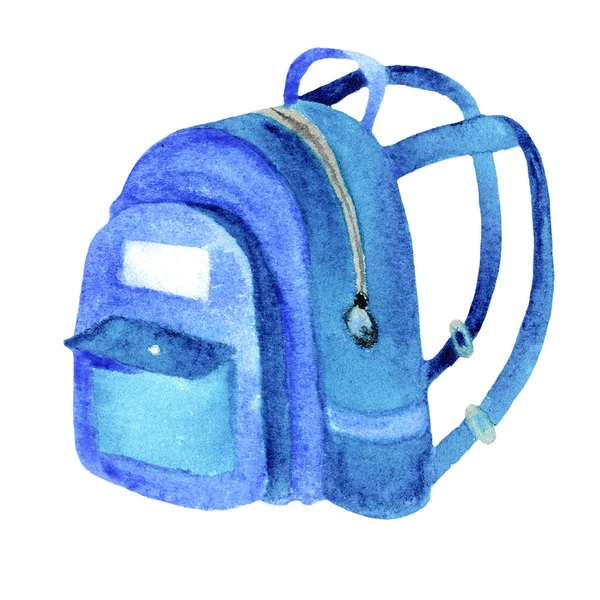青のスクールバッグ水彩 スタイルの子供のバックパック水彩イラスト 白い背景に隔離された教育テーマにデザインのための学校用品の要素 — ストック写真