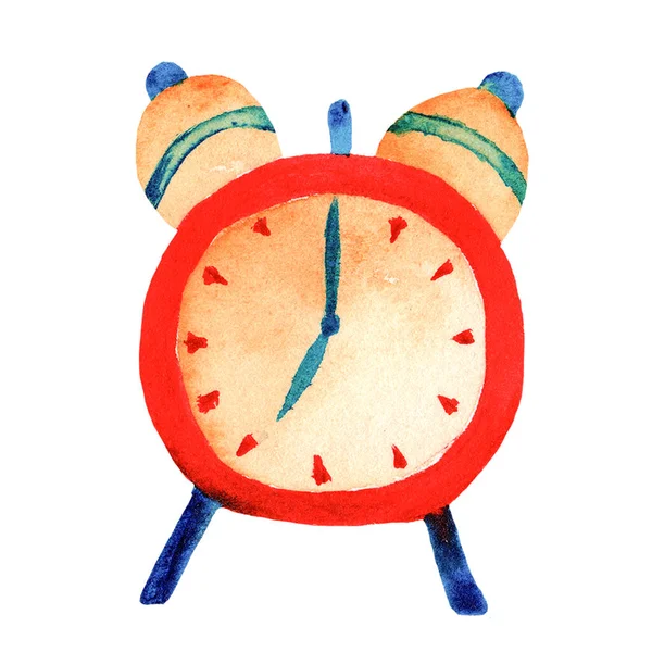 Watercolor Table Clock Alarm Clock Isolated White Background Watercolor Sketch — Stock Photo, Image
