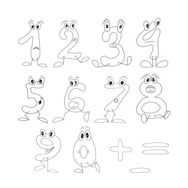 Çizgi film ana hatları, çocuk tasarımı için komik figürler, karakter gözlü görsel materyal numaralar..