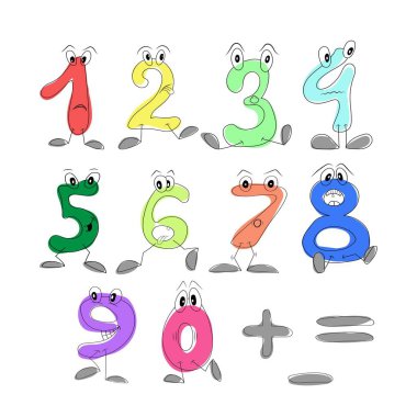 Çok renkli çizgi film figürleri, renkli çocuk tasarımları için komik figürler, karakter gözlü görsel materyal numaraları..