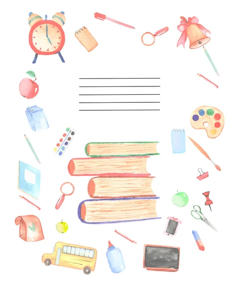 Watercolor Vertical Frame School Office Supplies Tools Cover School Notebook — Stock Photo, Image