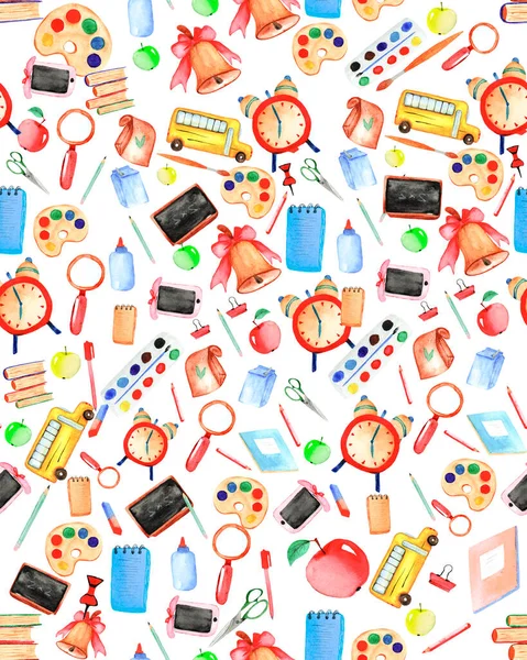 Watercolor pattern with school and office supplies and tools. Isolated learning objects: bus, books, watch, bell, lunch bag, pens and pencils. Illustration for school design.