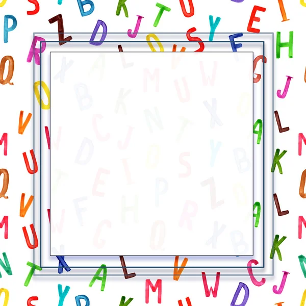 Quadratischer Schulrahmen Mit Aquarellierten Buchstaben Des Alphabets Rahmen Für Kinderdiplom — Stockfoto