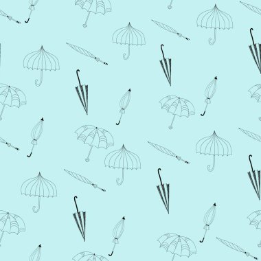 Şemsiye hatları karalama. Mavi arka planda şemsiyeleri olan kusursuz bir desen. Siyah ve beyaz. Doodle tarzı katlanmış ve açık şemsiyeler. Vektör illüstrasyonu