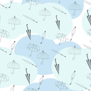 Şemsiye hatları karalama. Mavi arka planda şemsiyeleri olan kusursuz bir desen. Siyah ve beyaz. Doodle tarzı katlanmış ve açık şemsiyeler. Vektör illüstrasyonu
