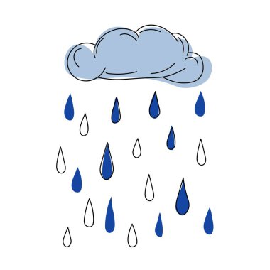 blue cloud with raindrops line art, cloud with blue rain for children's design.